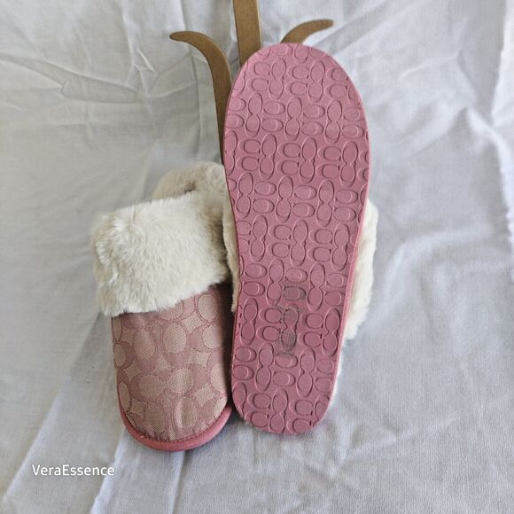 Coach Ziva Slippers Signature Jacquard Faux Fur Size 10B Pink NWT - Picture 5 of 8